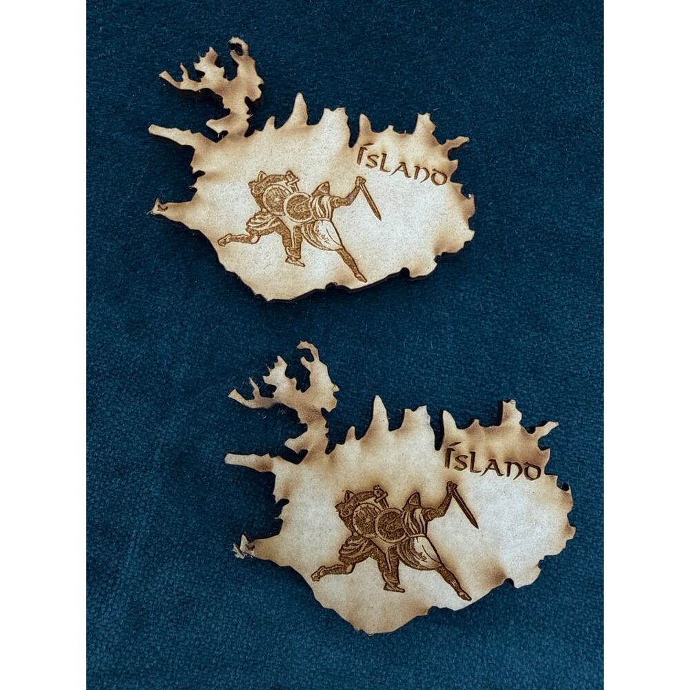 Iceland Viking Wooden Magnets Set of 2 Map Shape Warrior Nordic Travel Souvenir